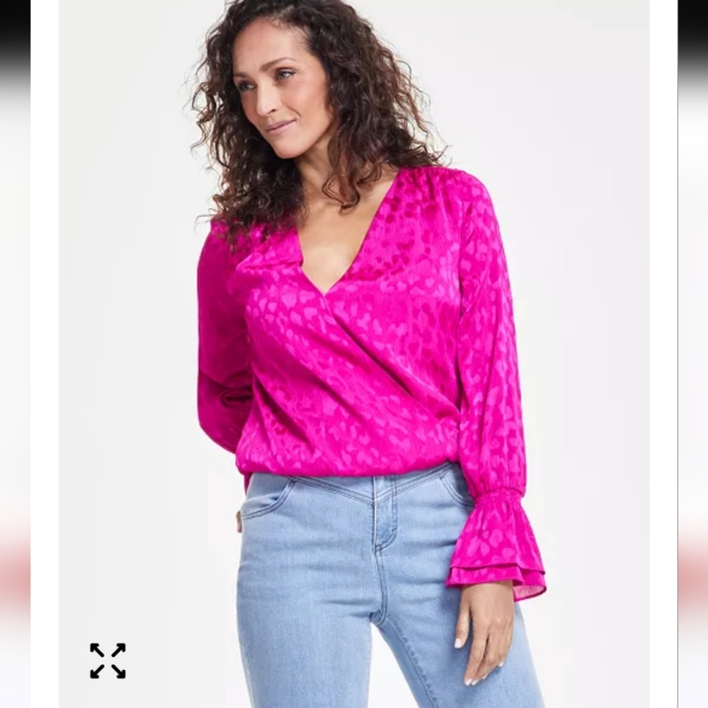 *NWT* INC Pink Leopard Print Ruffle Sleeve Surplice Blouse Sz XL